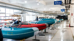 Row of inflatable boats in the workshop
