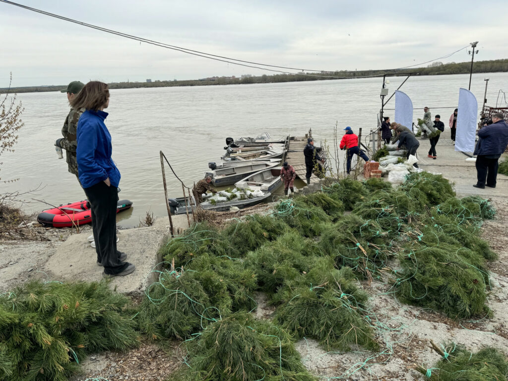 Volunteers unloading boats full of branches on the shore