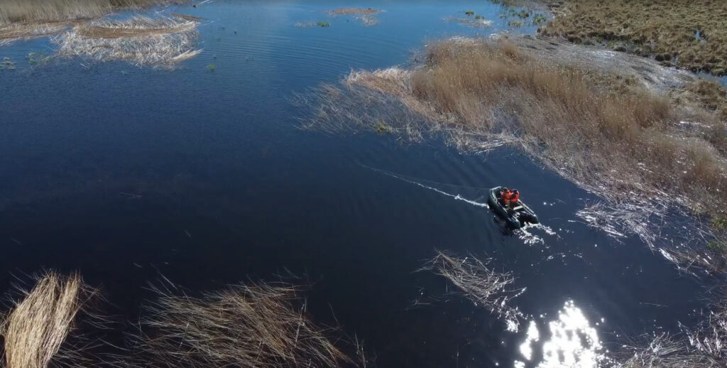 Aerial view of a boat with volunteers among the reeds of Lake Ladoga