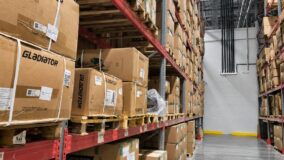 Racks with goods in the warehouse