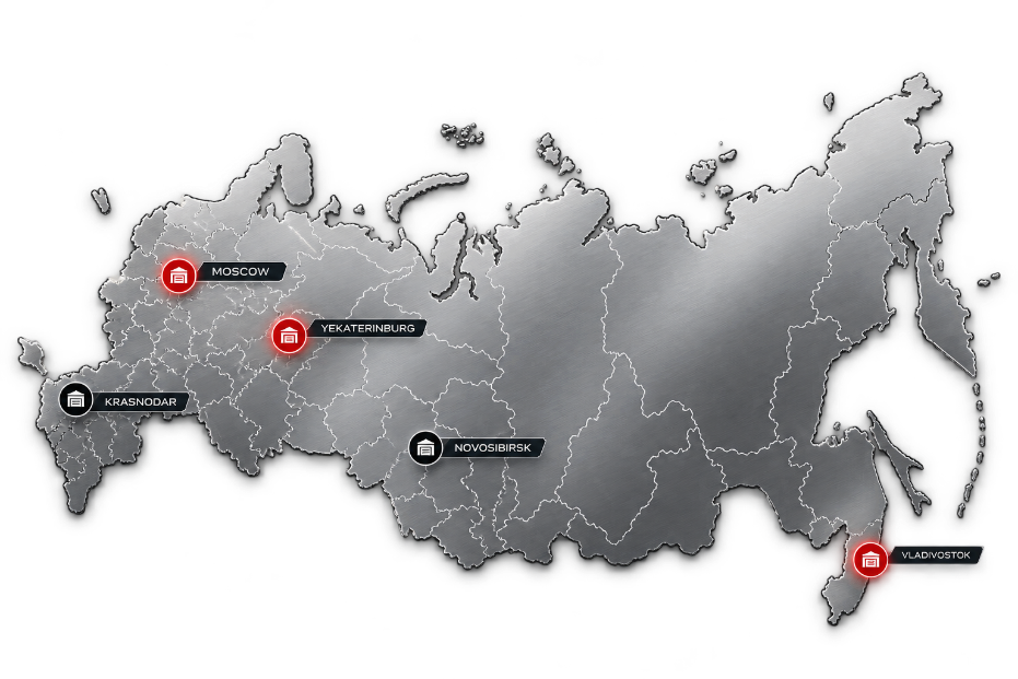 Карта складов MDV Group: действующие в Москве, Екатеринбурге и Владивостоке, планируемые в Новосибирске и Краснодаре